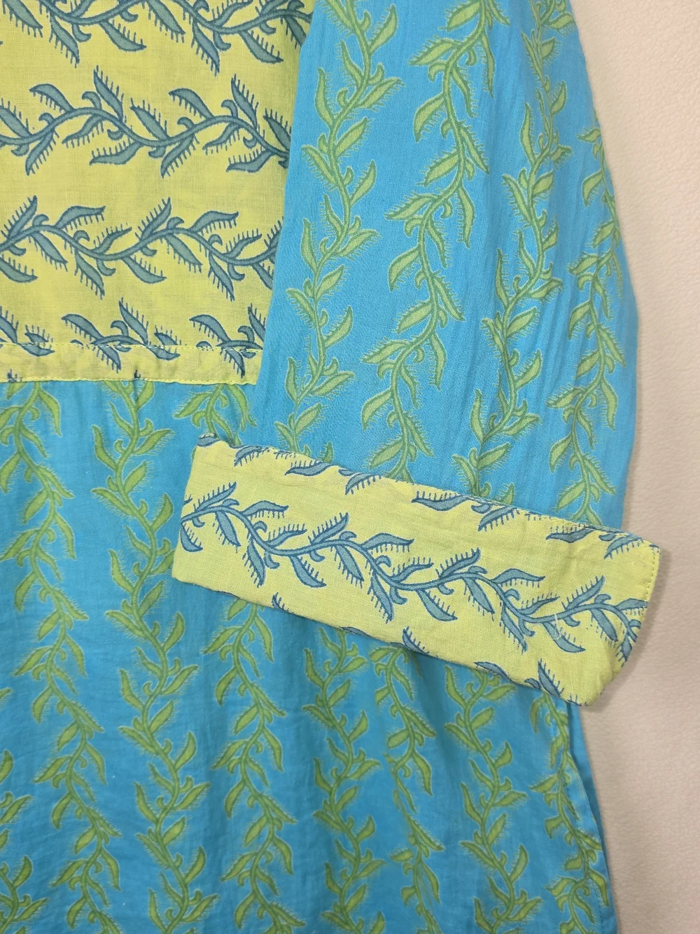 GRETCHEN SCOTT V-NECK TUNIC DRESS AQUA BLUE LIME GREEN  BOHO BEACH WOMENS MED - Picture 3 of 10